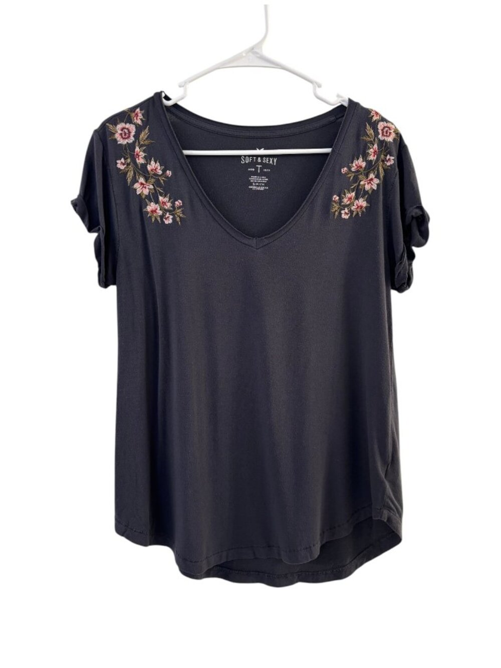 American Eagle Floral Embroidered V Neck Shirt Casual Bohemian Pink Gray Small